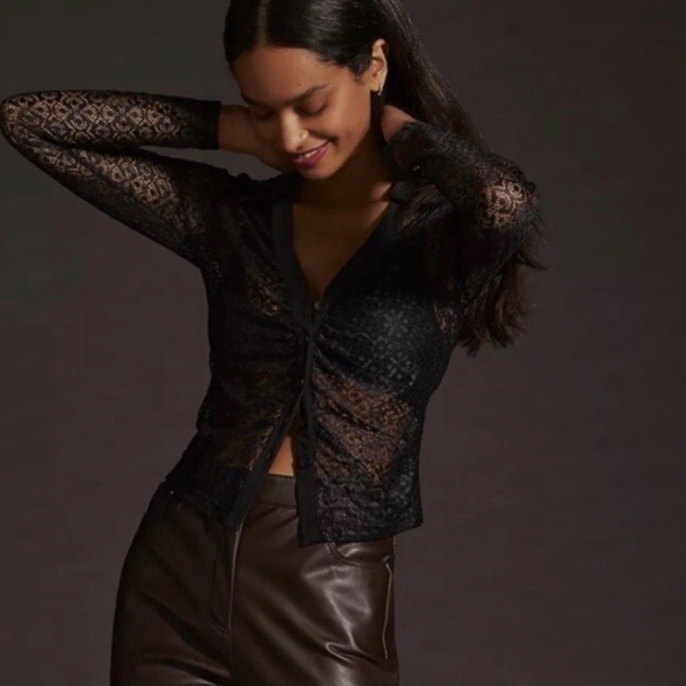 Maeve Anthropologie Sheer Open Lace Button Up Black Collared Shirt Top M NWT - Picture 4 of 14